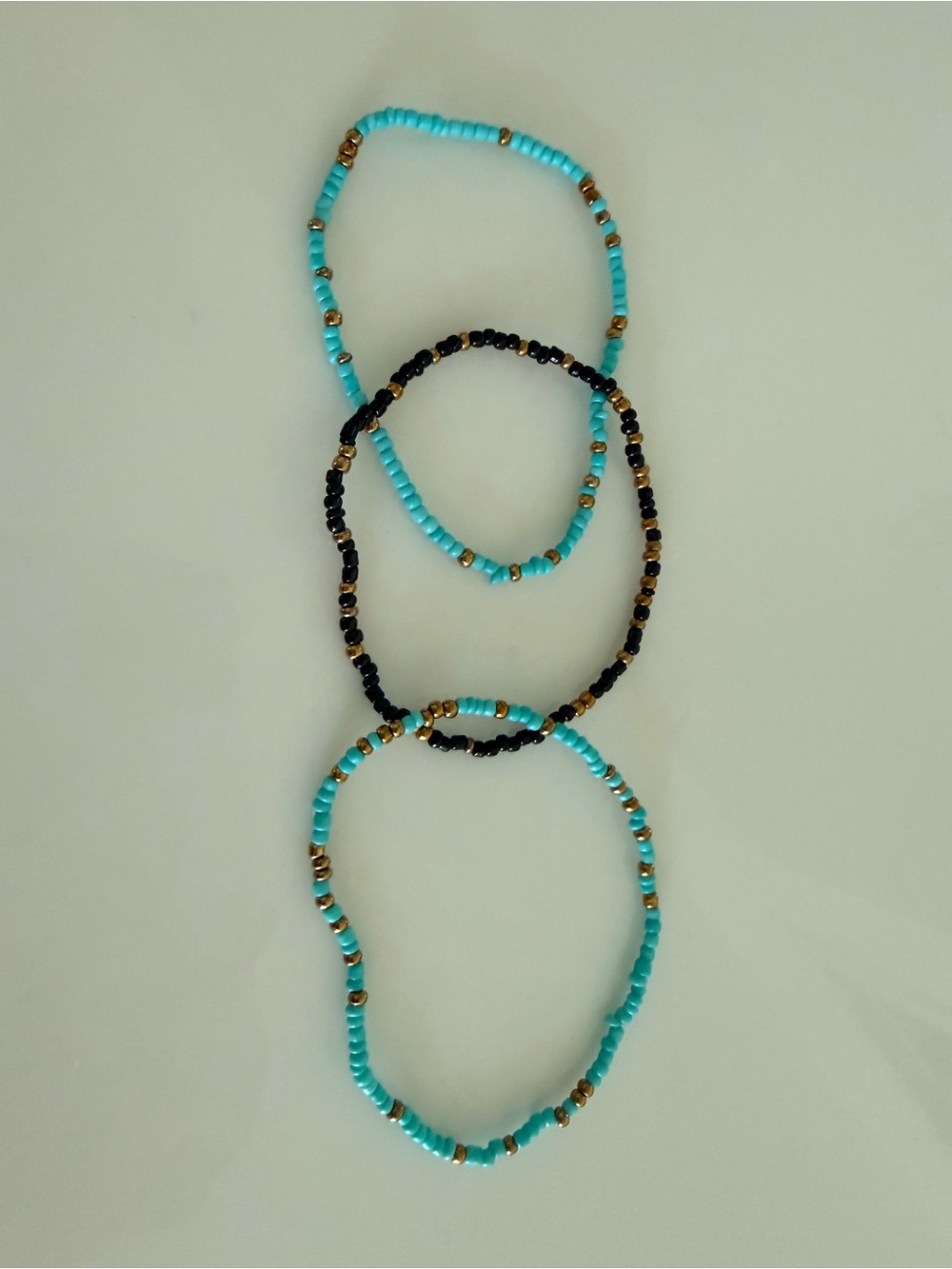 Turquoise Colored and Black Beaded Stretch Bracelets - set of 3